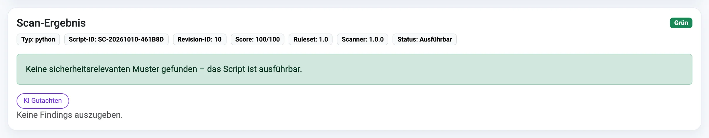 Python-Skript ohne Fundstellen, Score 100 von 100, Ampel Grün