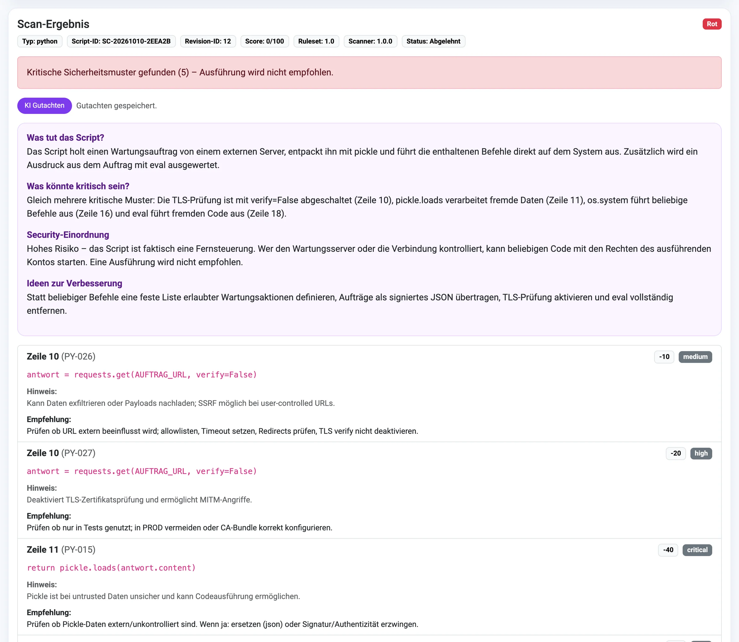 Ergebnis Rot mit Mustern wie eval, pickle und os.system