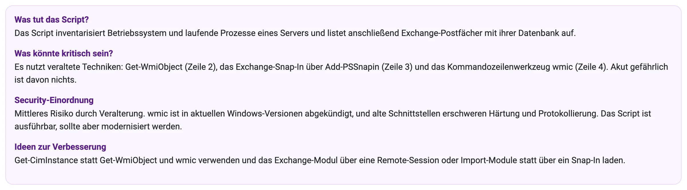 Gutachten zu einem PowerShell-Inventarskript mit veralteten WMI-Aufrufen