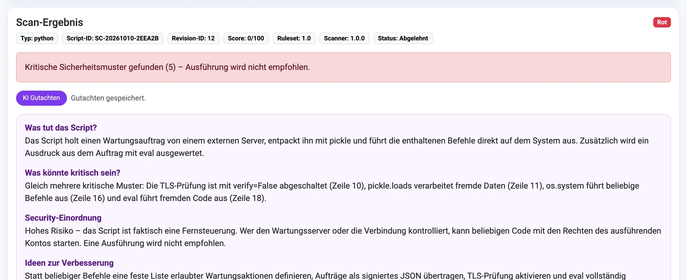 Automatisches Gutachten zu einem Python-Skript mit Score, Ampel und kritischen Fundstellen
