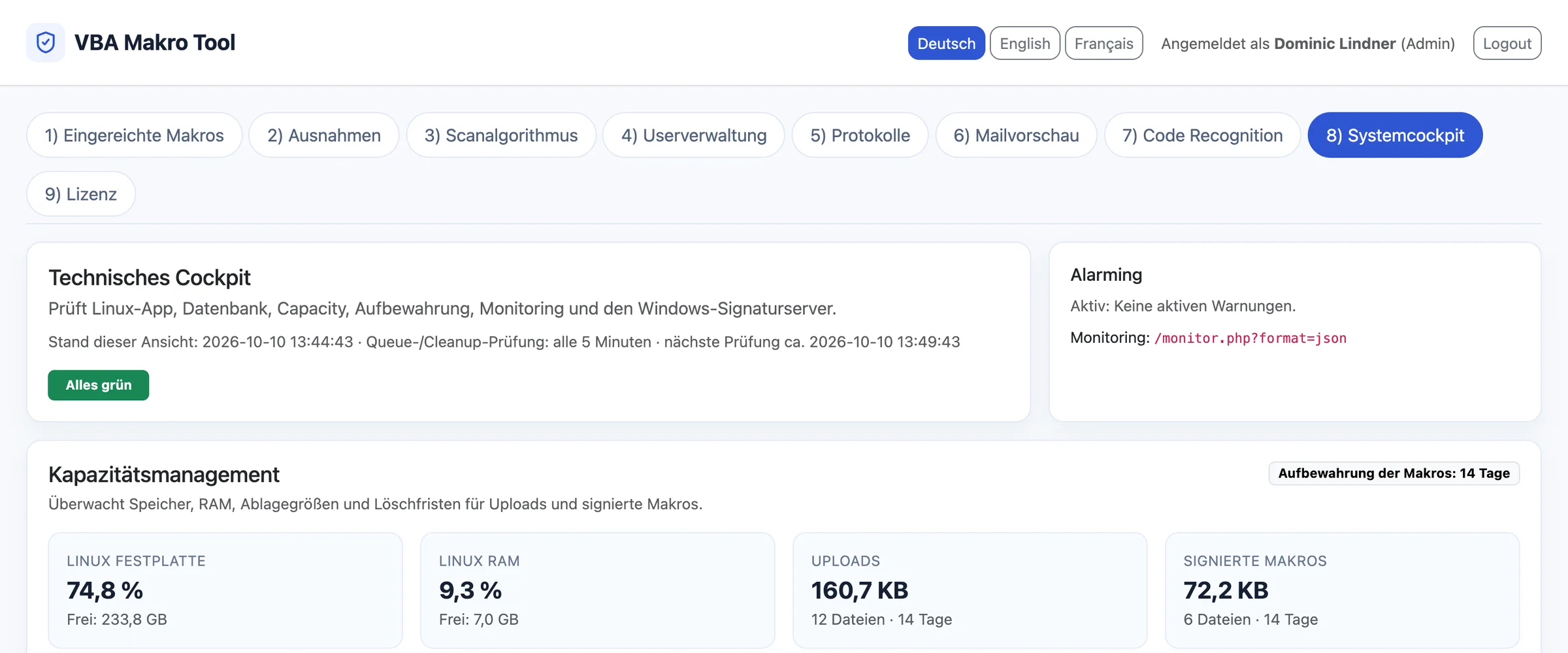 Systemcockpit mit Status, Alarmierung und Kapazität