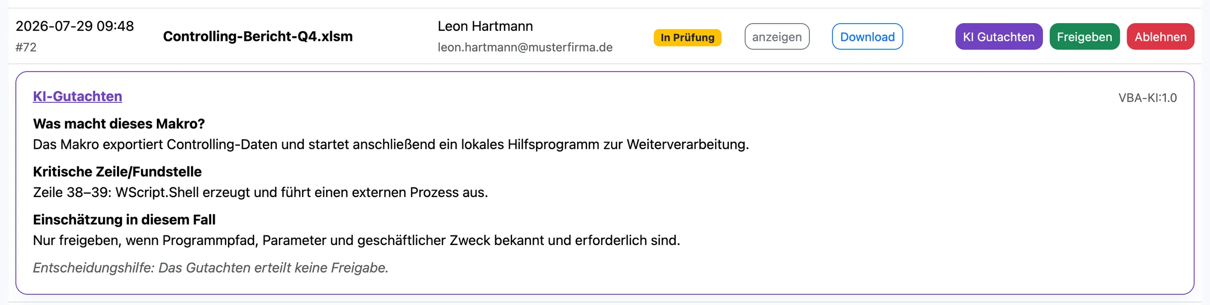 KI-Gutachten zu einer Excel-Datei mit Start eines lokalen Hilfsprogramms