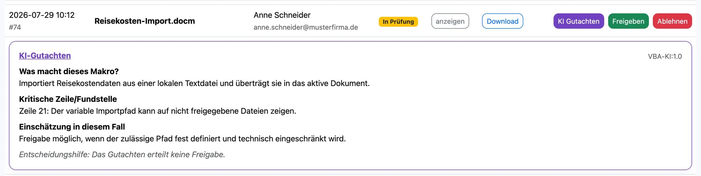 KI-Gutachten zu einer Word-Datei mit variablem Importpfad