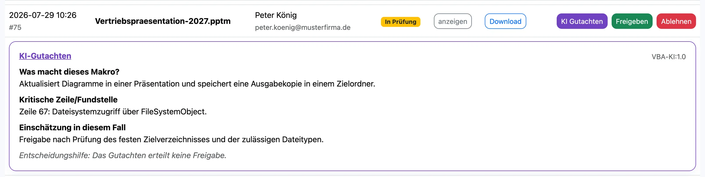 KI-Gutachten zu einer PowerPoint-Datei mit Dateisystemzugriff