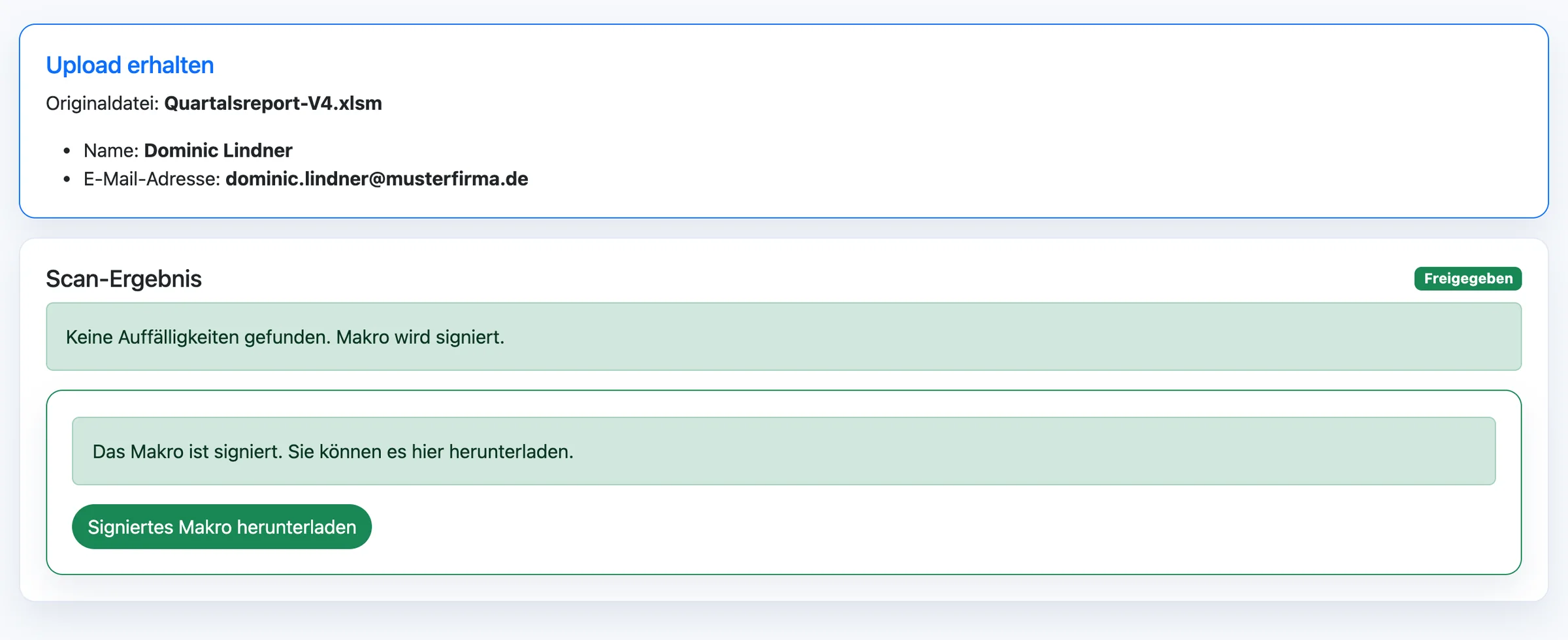 Freigegebene Office-Datei, automatisch signiert und bereit zum Download