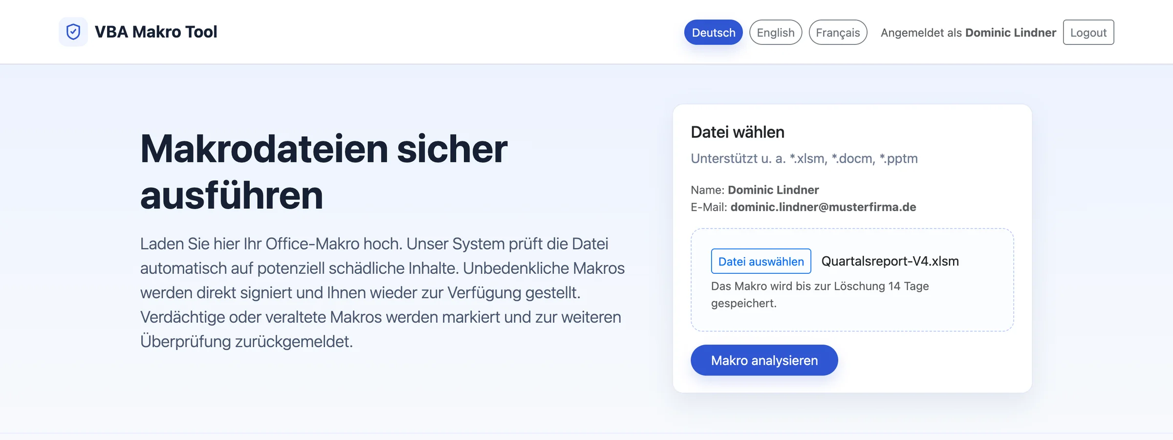 Upload-Ansicht des VBA Makro Tools mit ausgewählter Excel-Datei