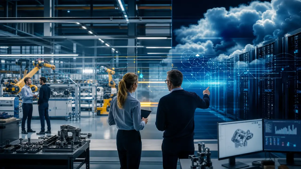 TISAX-orientierte Hybrid-Cloud für Automotive-Zulieferer: abstrahierte Agile-Cloud-Visualisierung in Blau und Cyan