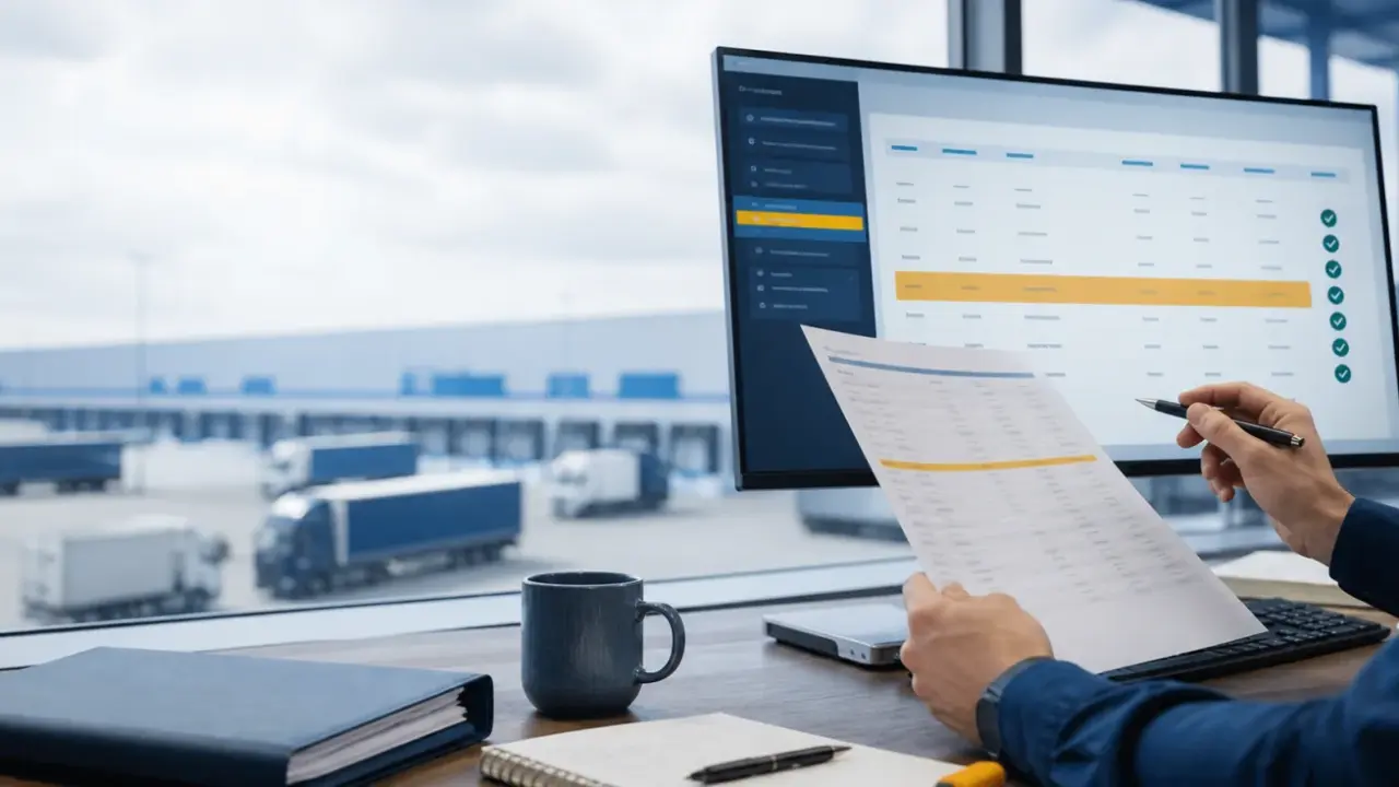 Schematische Darstellung eines digitalen Prüfprozesses für Dokumente und Frachtrechnungen